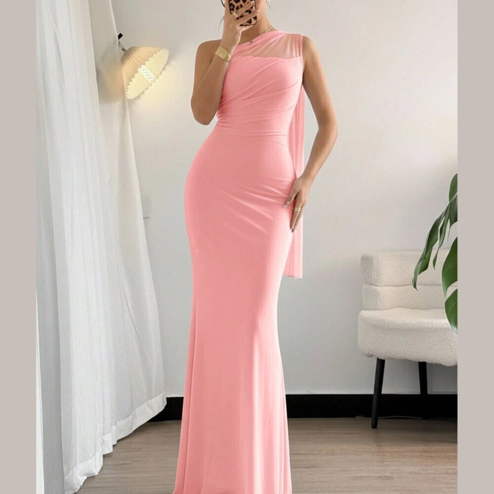 Pink Mesh Asymmetrical One Shoulder Draped Ruched Mermaid Maxi Dress